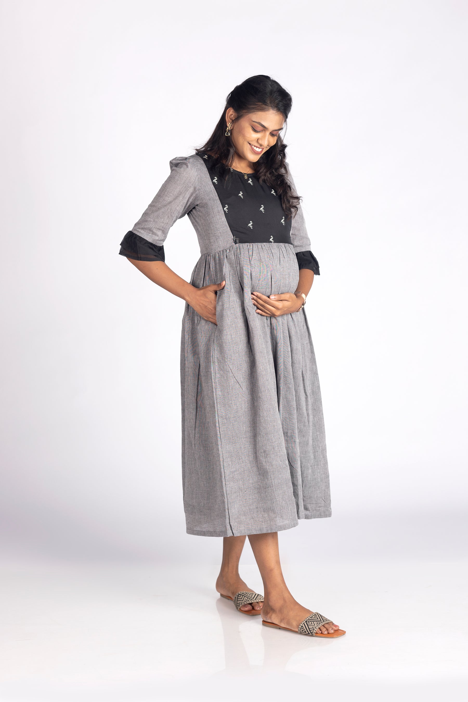 Grey Embroidery Dress - Maternity Wear